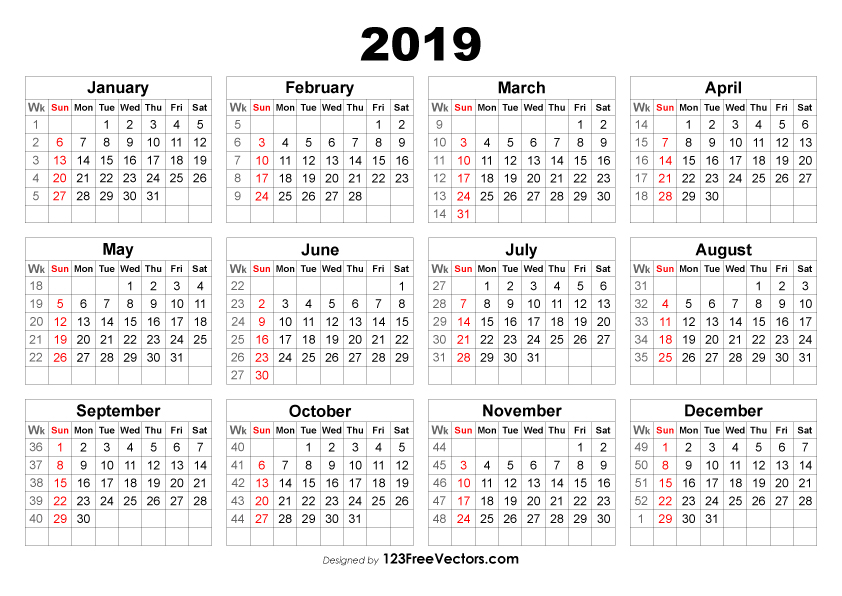 2019 Calendar With Week Numbers - Calendar 2019 Including Week Numbers