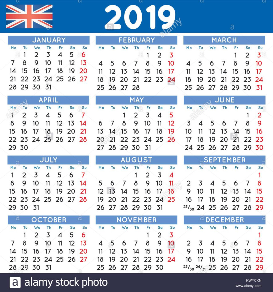 2019 Elegant Squared Calendar English UK Year 2019 Calendar Stock  - 2019 Calendar Week Numbers Uk