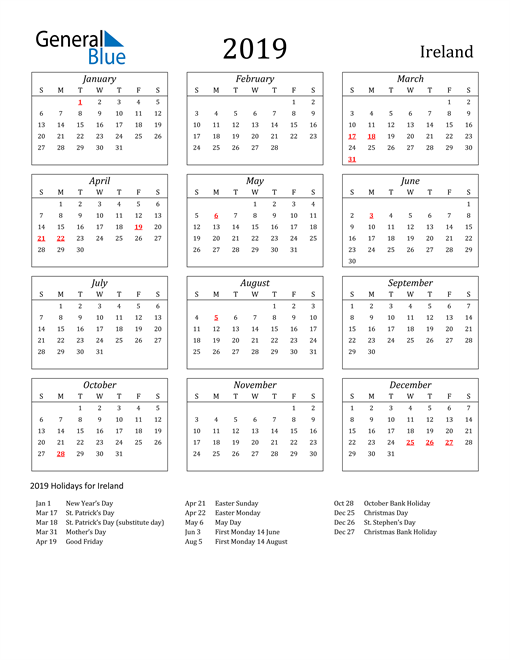 2019 Ireland Calendar With Holidays - Calendar 2019 With Week Numbers Ireland