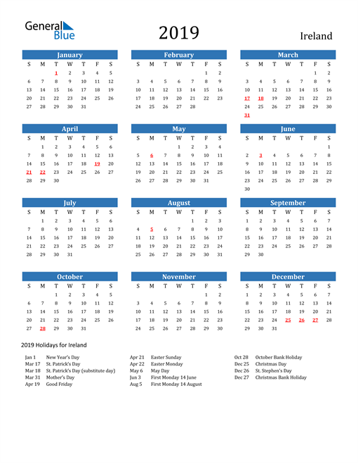 2019 Ireland Calendar With Holidays - Calendar 2019 With Week Numbers Ireland