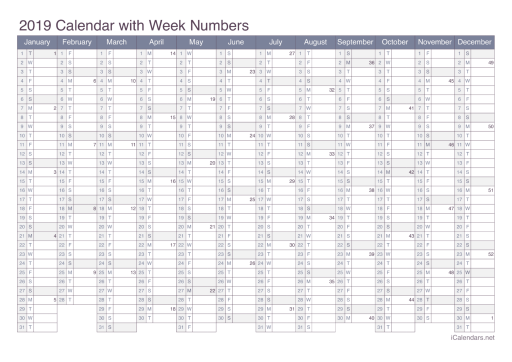 2019 Printable Calendar PDF Or Excel - 2019 Calendar Week Numbers Excel