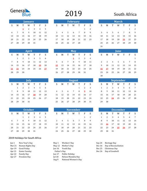 2019 South Africa Calendar With Holidays - 2019 Calendar With Week Numbers South Africa