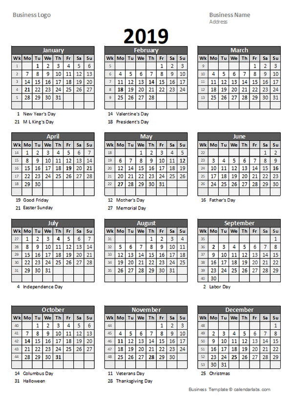 2019 Yearly Business Calendar With Week Number Free Printable Templates - 2019 Business Calendar With Week Numbers