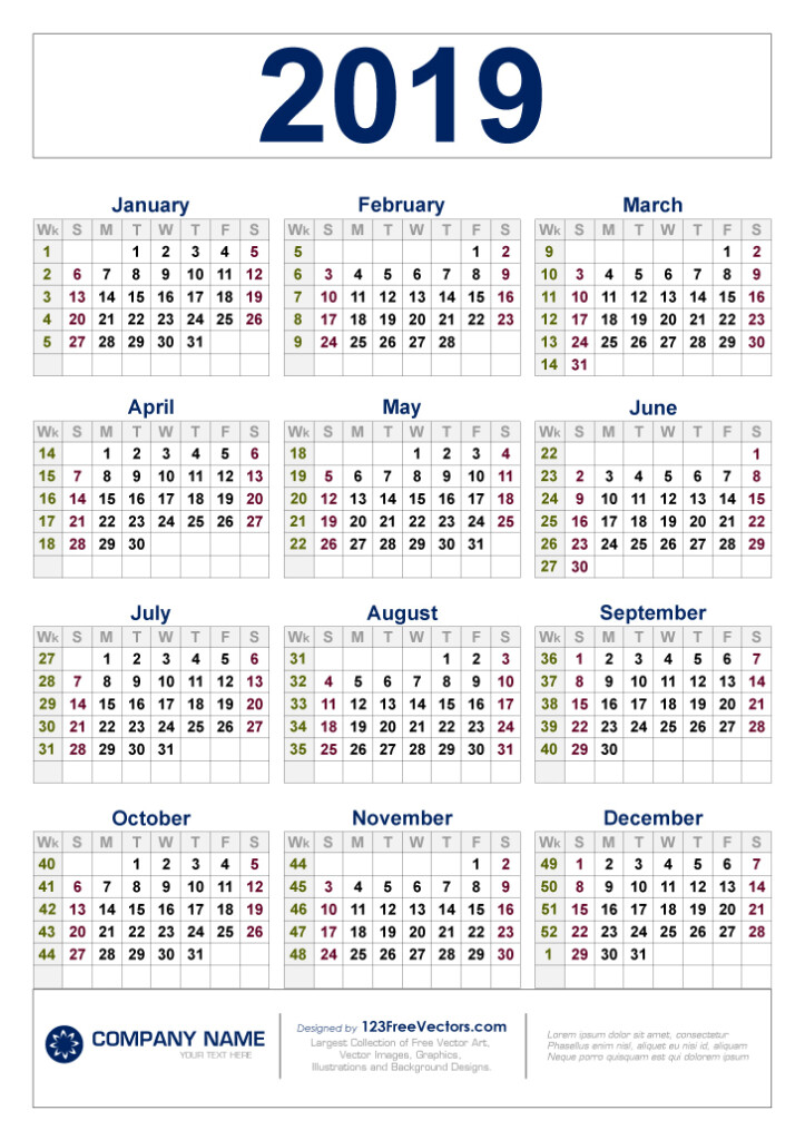 2019 Yearly Calendar Printable - Annual Calendar 2019 With Week Numbers