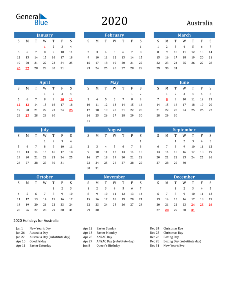 2020 Australia Calendar With Holidays - 2020 Calendar With Week Numbers Australia