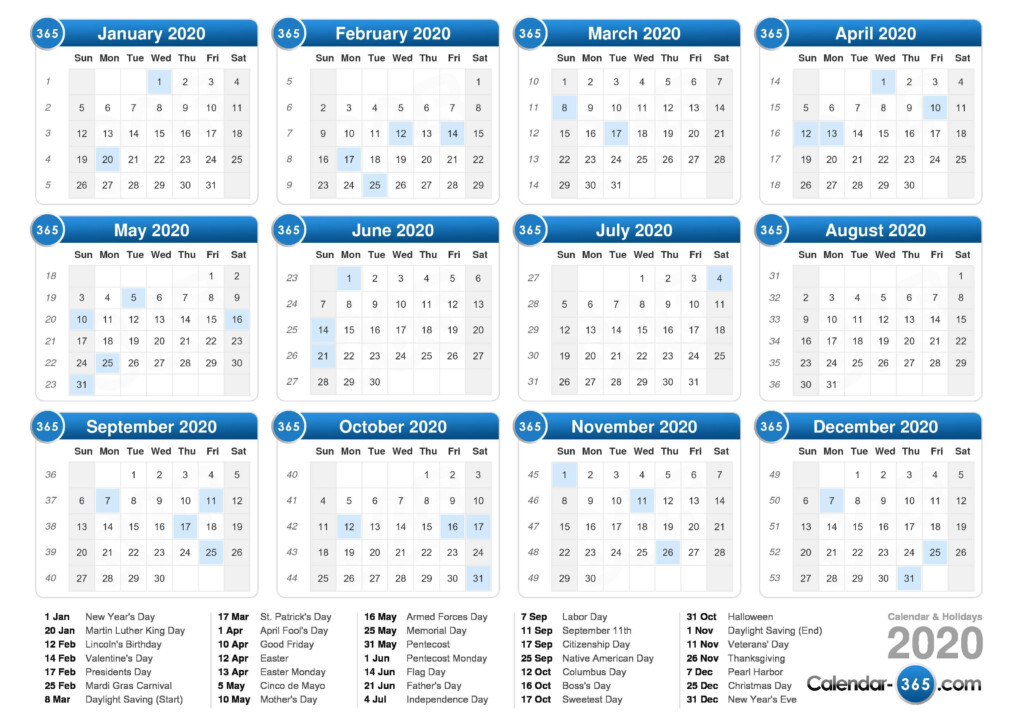 2020 Calendar - 2020 Calendar With Holidays And Week Numbers