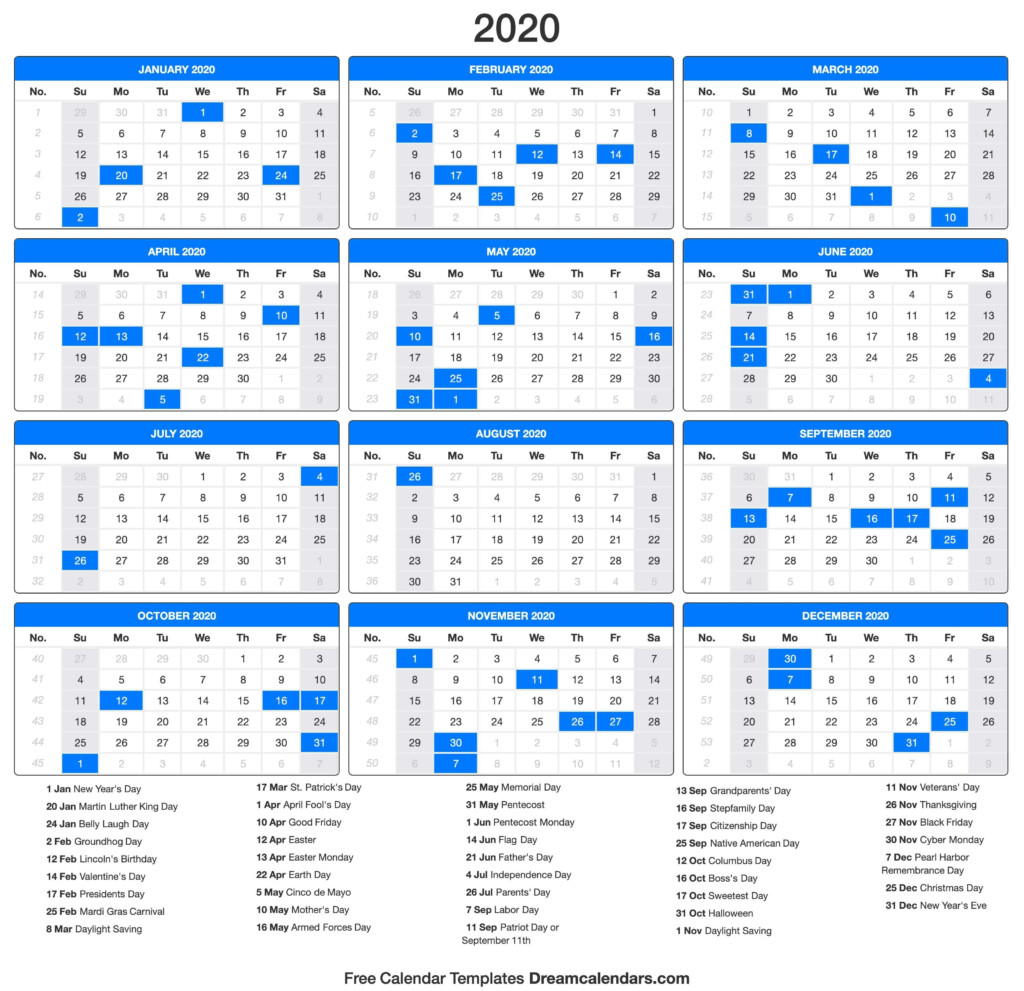 2020 Calendar Us Holidays Calendar Template Printable - 2020 Calendar With Week Numbers And Holidays