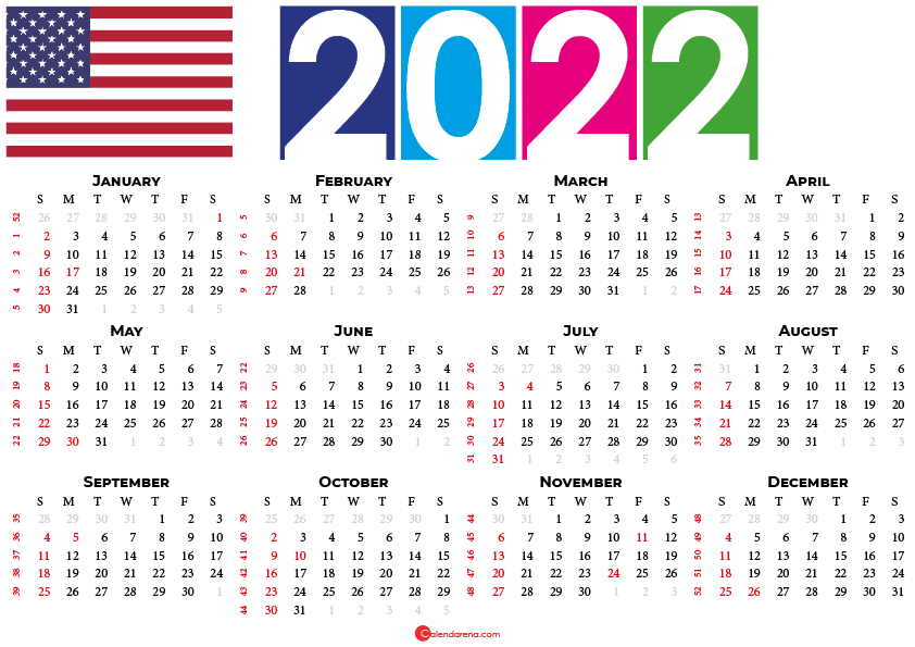 2022 Calendar Usa With Holidays And Weeks Numbers - Week Days Numbers In Usa Calendar