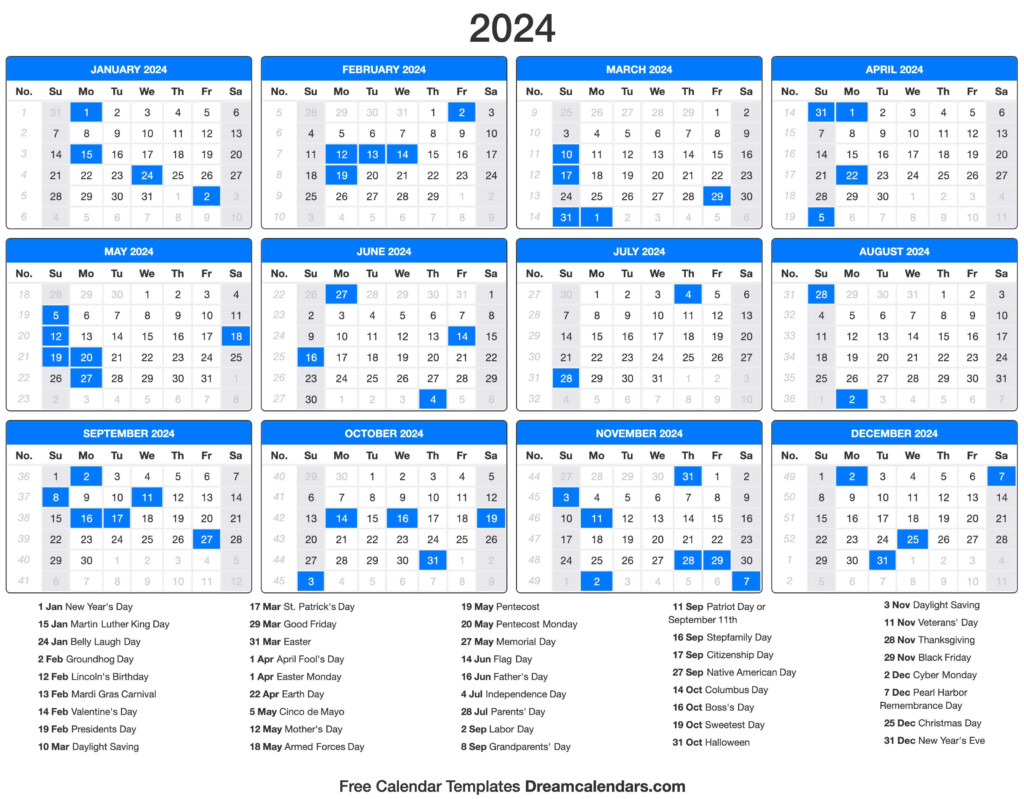 2024 Calendar - 2024 Calendar With Holidays And Week Numbers