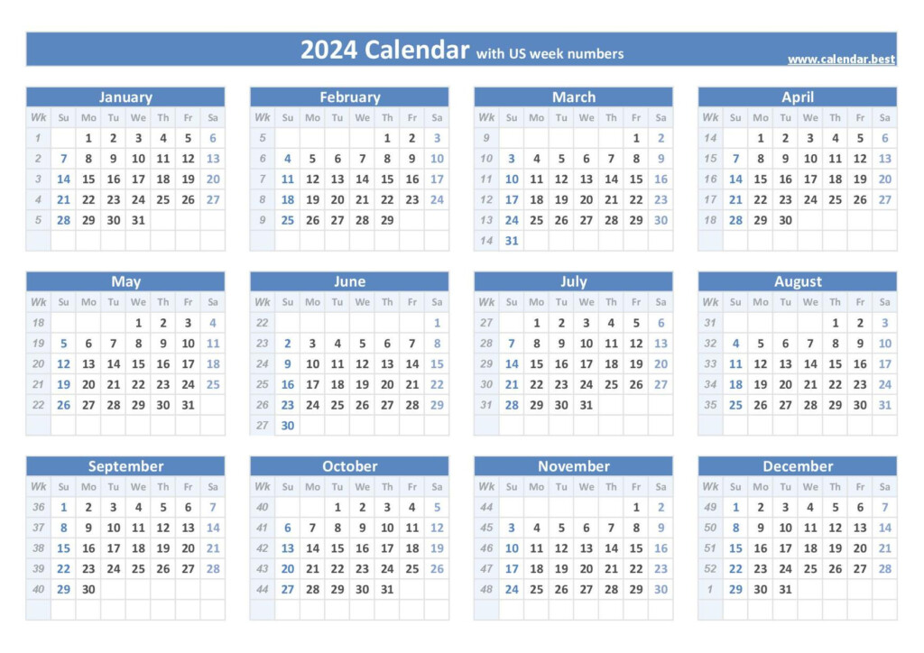 2024 Calendar With Iso Week Numbers Landscape Blue Twila Ingeberg - Calendar Week Numbers 2024