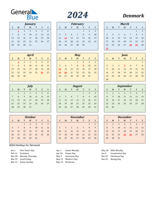 2024 Denmark Calendar With Holidays - Danish Calendar Week Numbers