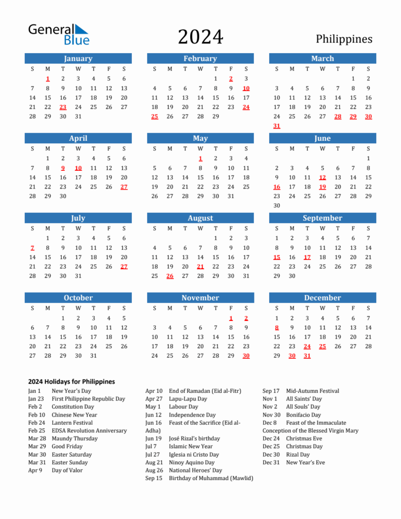 2024 Philippines Calendar With Holidays - 2024 Calendar Philippines With Week Numbers