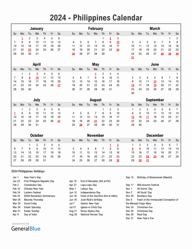 2024 Philippines Calendar With Holidays - 2024 Calendar Philippines With Week Numbers