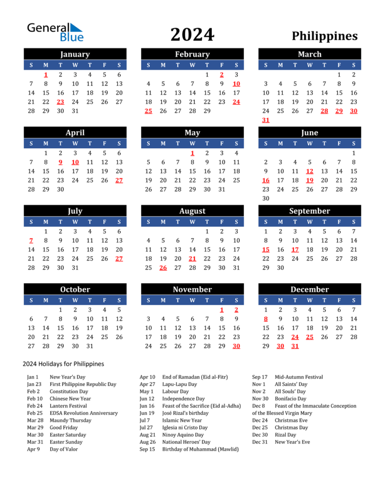 2024 Philippines Calendar With Holidays - 2024 Calendar Philippines With Week Numbers