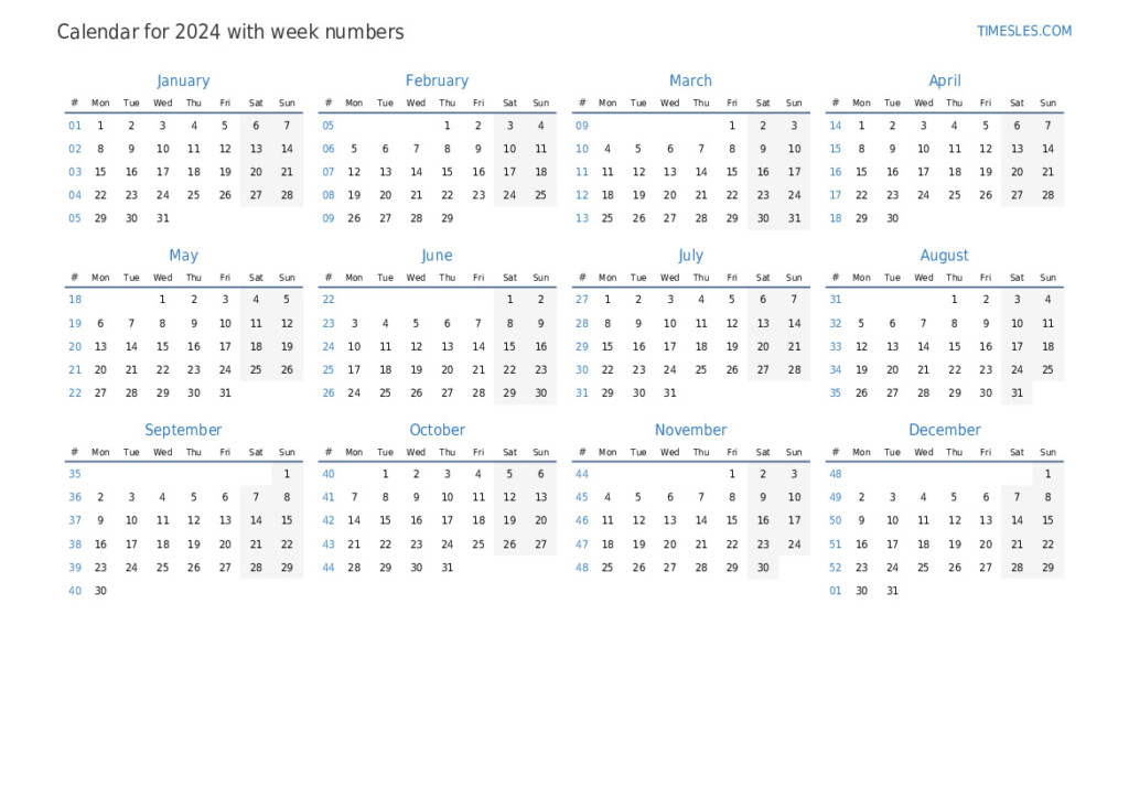 2024 Printable Calendar With Week Numbers Printable Online - Free Calendar With Week Numbers 2024