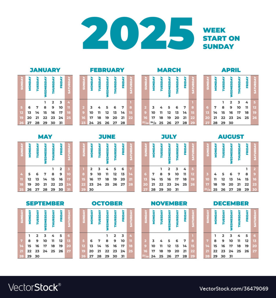 2025 Calendar Template With Weeks Start On Sunday Vector Image - 12 Month 2025 Calendar Numbered Weeks