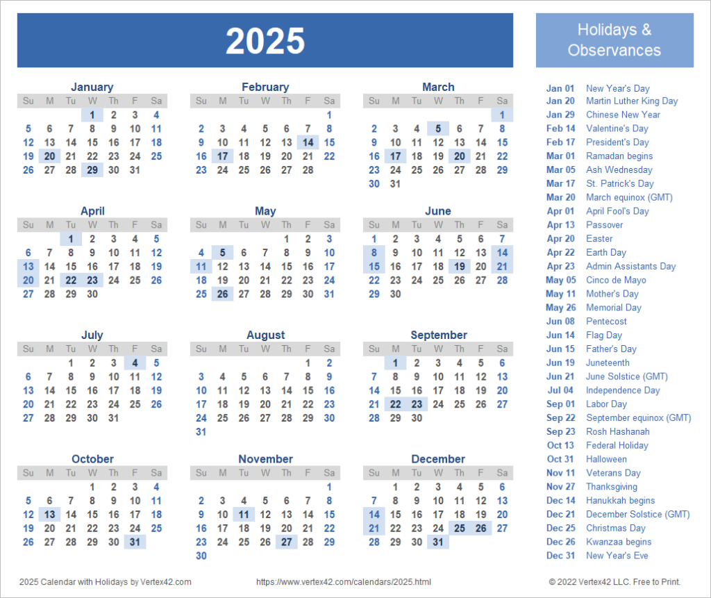 2025 Calendar With Holidays Printable - 2025 Calendar With Holidays And Week Numbers