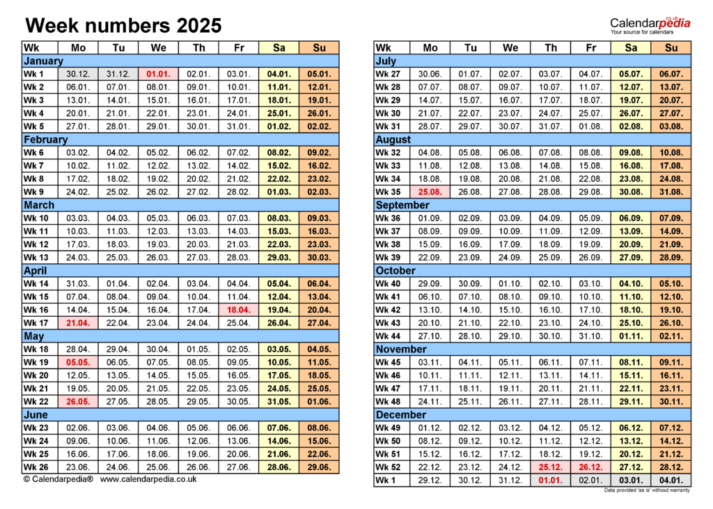 2025 Calendar With Week Numbers - 2025 Calendar In Excel With Week Numbers