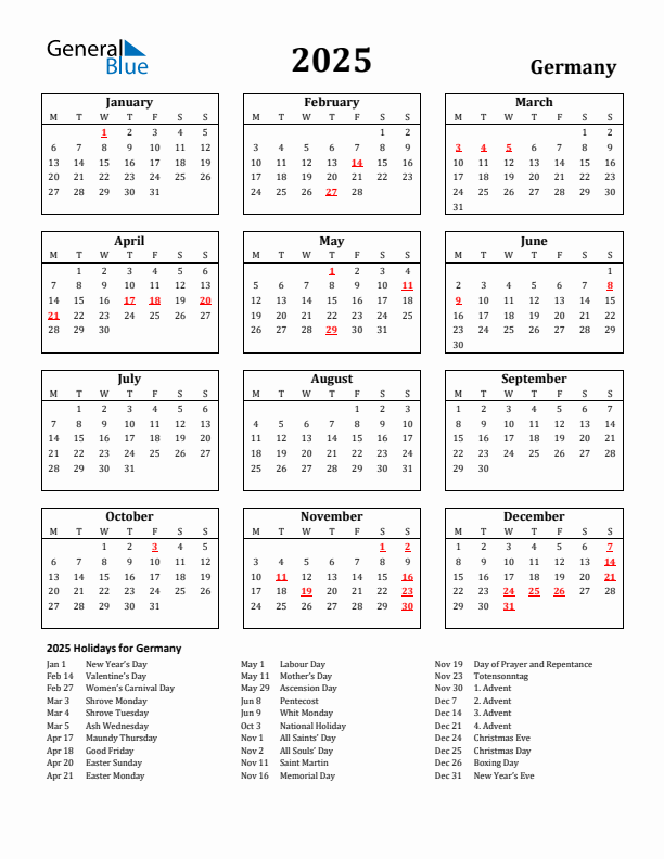 2025 Germany Calendar With Holidays - German Calendar 2025 With Week Numbers