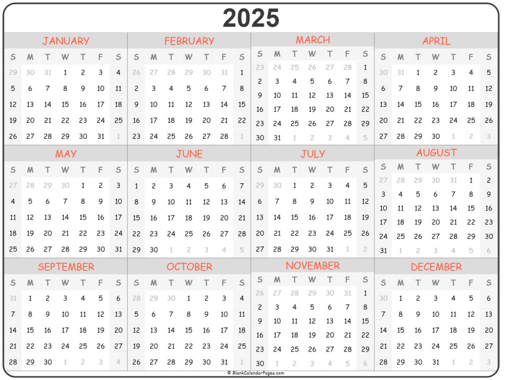 2025 Printable Calendar - Blank Calendar Yearly 2025 No Week Numbers