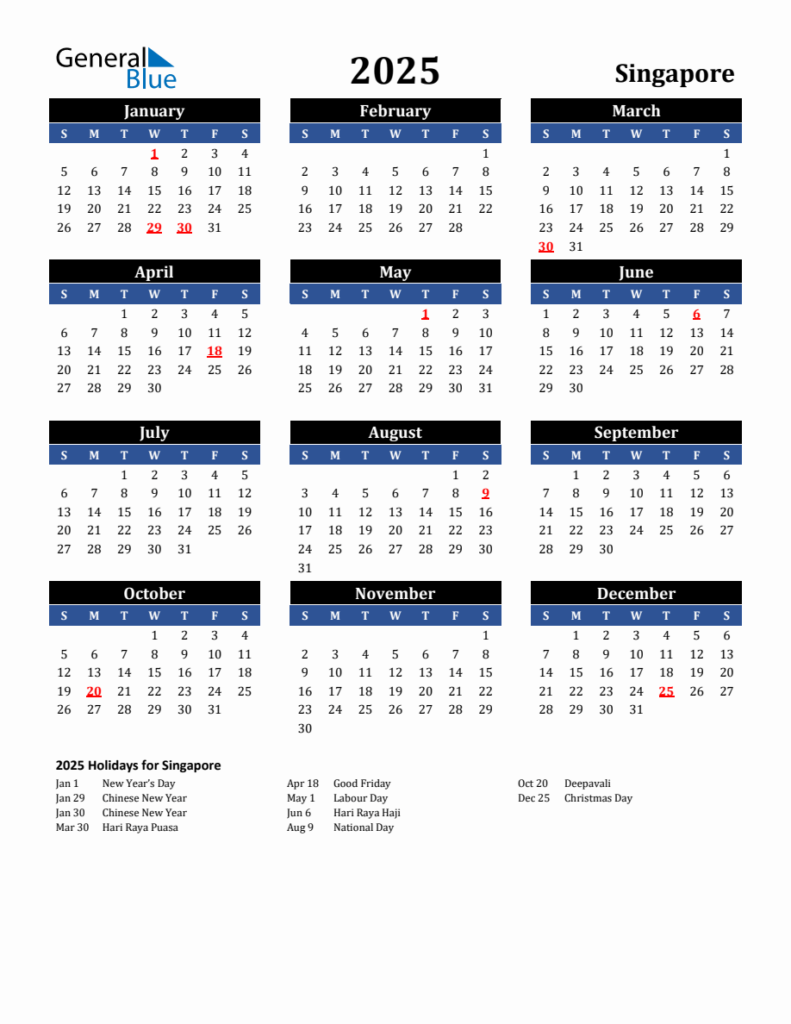 2025 Singapore Holiday Calendar - 2025 Calendar Singapore With Week Numbers