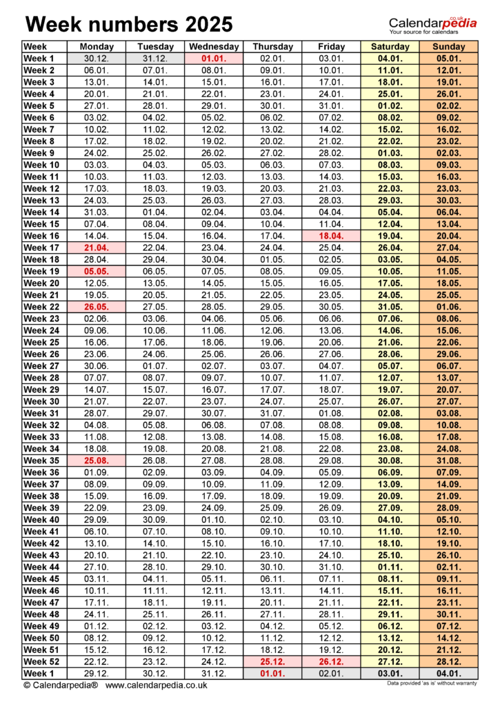 2025 Yearly Calendar With Week Numbers A Comprehensive Guide 2025  - Calendar With Week Numbers 2019 And 2025