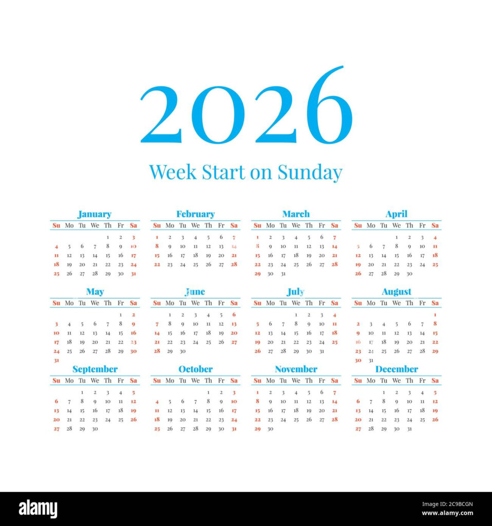 2026 Calendar With The Weeks Start On Sunday Stock Vector Image Art  - 2026 Calendar With Week Numbers