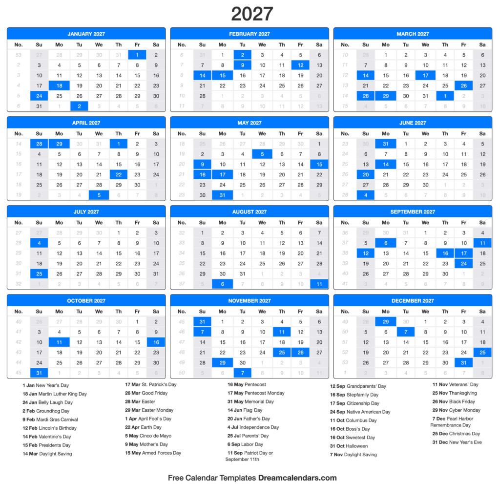 2027 Calendar - 2027 Calendar With Week Numbers