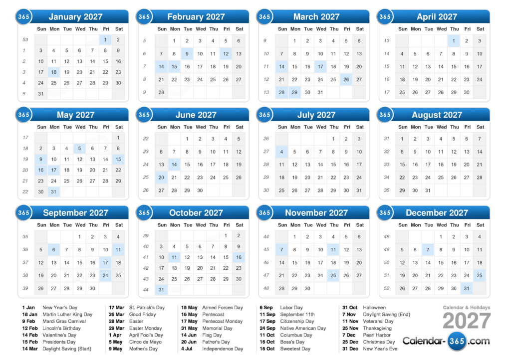 2027 Calendar - 2027 Calendar With Week Numbers