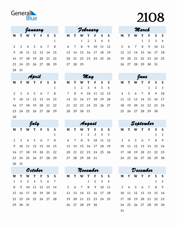 2108 Yearly Calendar Templates With Monday Start - 2108 Calendar Week Numbers