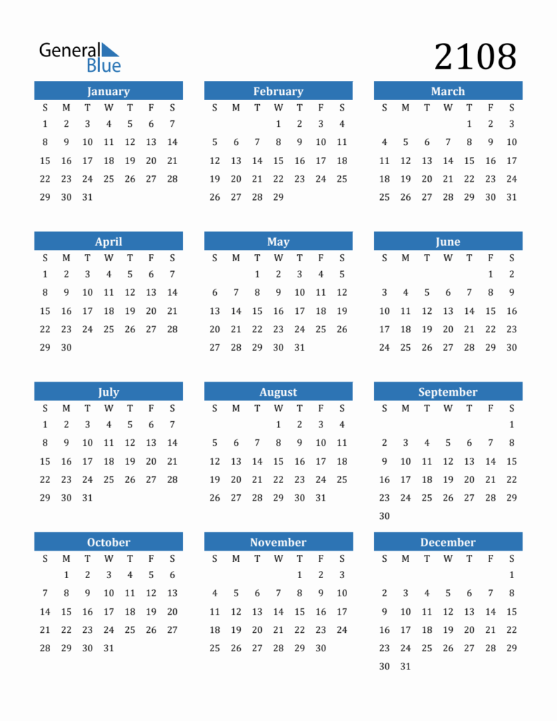 2108 Yearly Calendar Templates With Monday Start - 2108 Calendar With Week Numbers