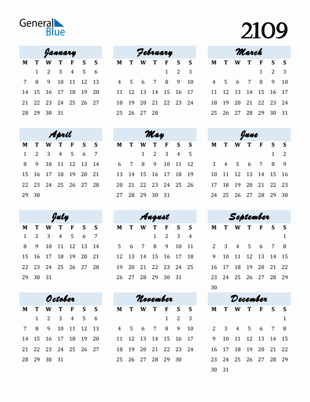 2109 Yearly Calendar Templates With Monday Start - 2109 Calendar With Week Numbers