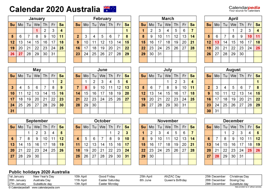 Australia Calendar 2020 Free Printable PDF Templates - 2020 Calendar With Week Numbers Australia