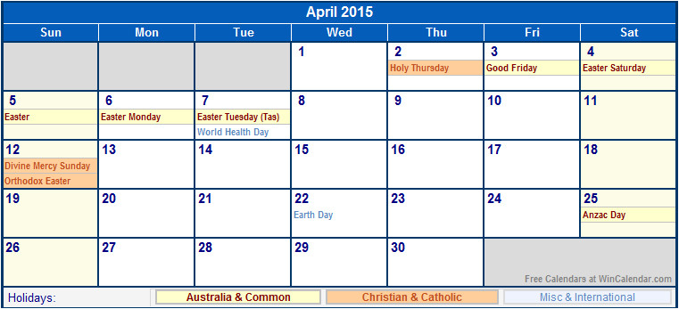 Australian Calendar Template 2015 April 2015 Australia Calendar With  - 2015 Australian Calendar With Week Numbers