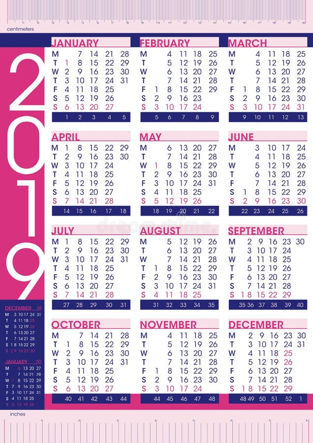 Business And Commercial 2019 Simple Style Calendar With Rulers And  - Business Calendar 2019 With Week Numbers