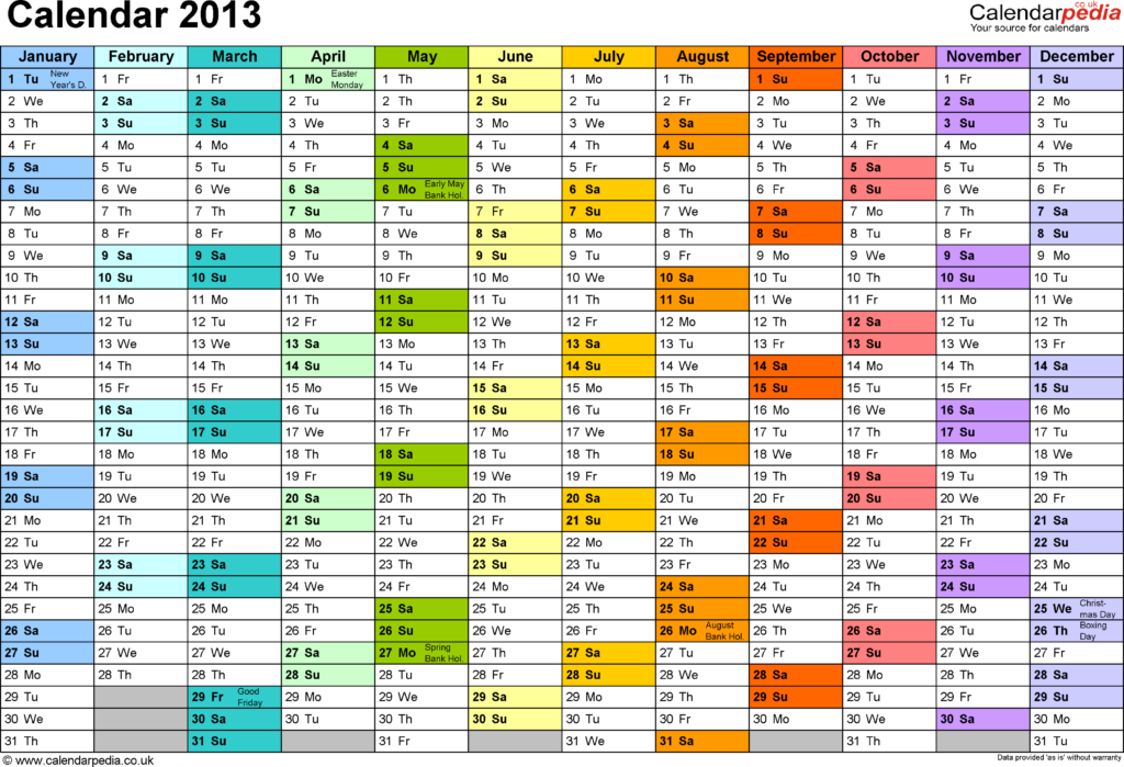 Calendar 2013 UK 12 Printable PDF Templates free  - 2013 Calendar Uk With Week Numbers