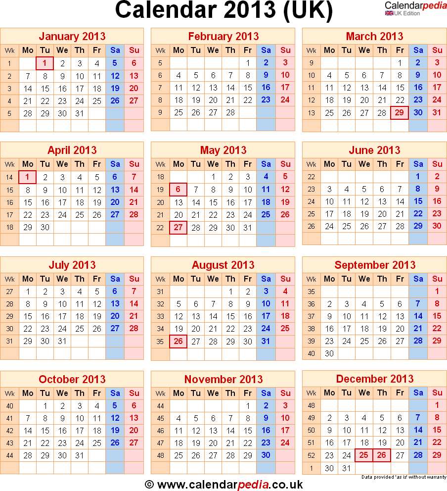 Calendar 2013 UK With Bank Holidays Excel PDF Word Templates - 2013 Calendar Uk With Week Numbers