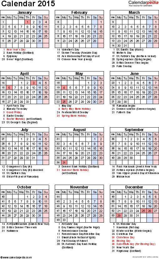 Calendar 2015 UK 16 Free Printable Word Templates - Calendar 2015 With Bank Holidays And Week Numbers