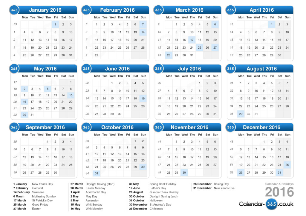 Calendar 2016 - 2016 Calendar Uk With Week Numbers