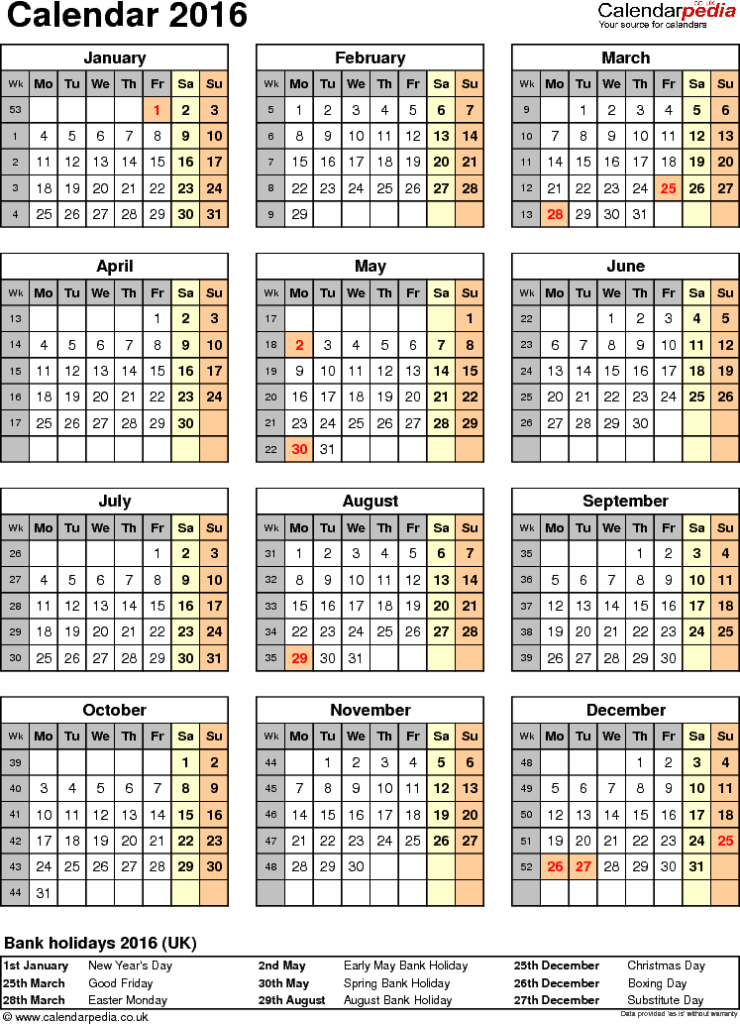 Calendar 2016 UK 16 Free Printable PDF Templates - Excel 2016 Calendar Uk With Week Numbers