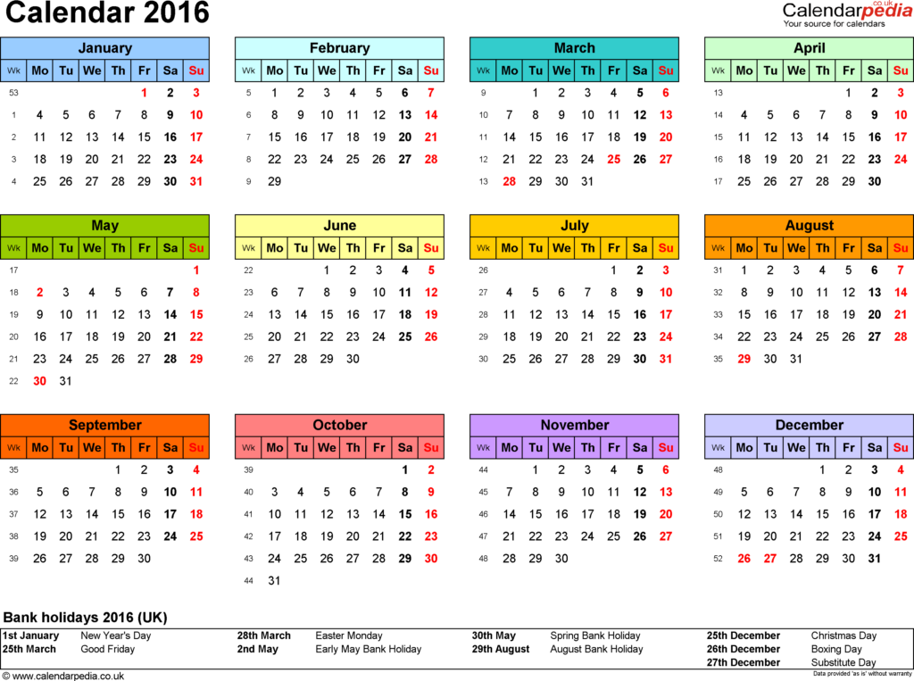 Calendar 2016 UK 16 Free Printable Word Templates - 2016 Calendar Year With Week Numbers