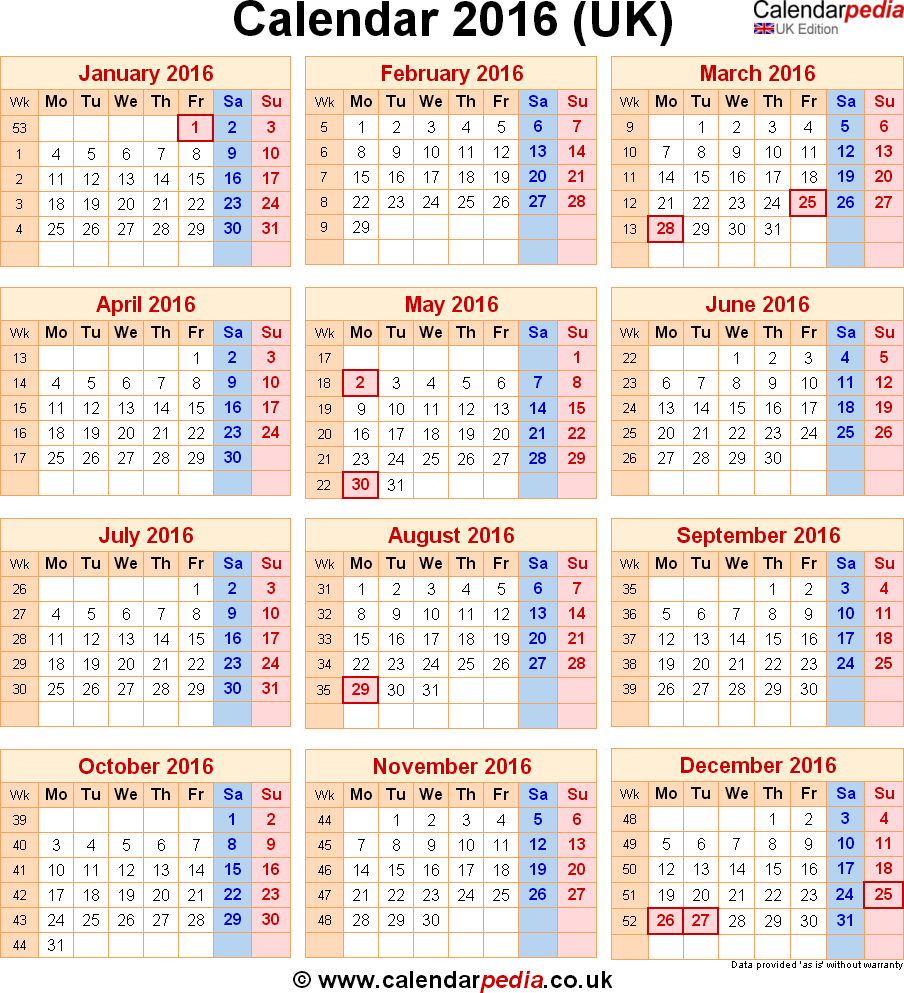 Calendar 2016 UK With Bank Holidays Excel PDF Word Templates - 2016 Calendar Uk With Week Numbers