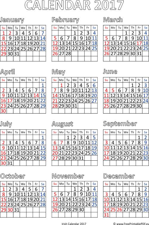 Calendar 2017 Ireland Printable Pdf Free Printable PDF - Calendar 2017 Ireland With Week Numbers