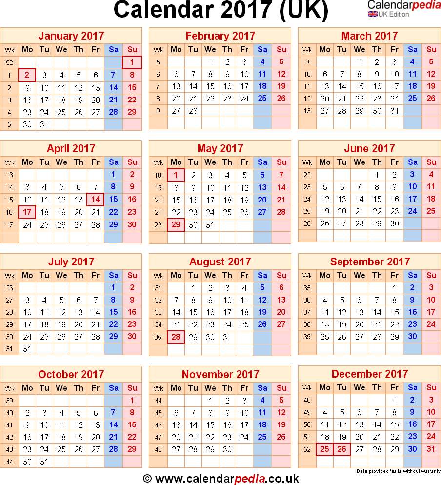 Calendar 2017 UK With Bank Holidays Excel PDF Word Templates - Calendar Week Numbers 2017 Uk