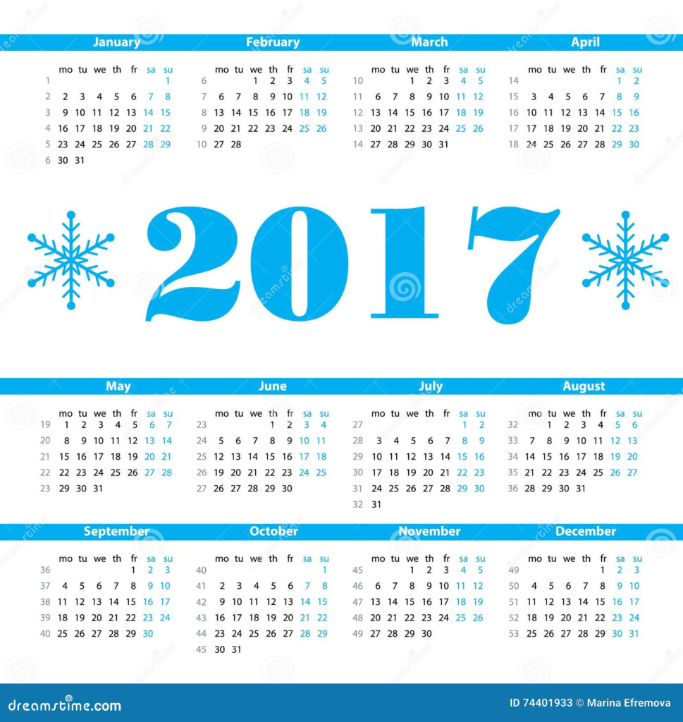 Calendar 2017 Year Vector Design Template With Week Numbers Stock  - 2017 Annual Calendar With Week Numbers