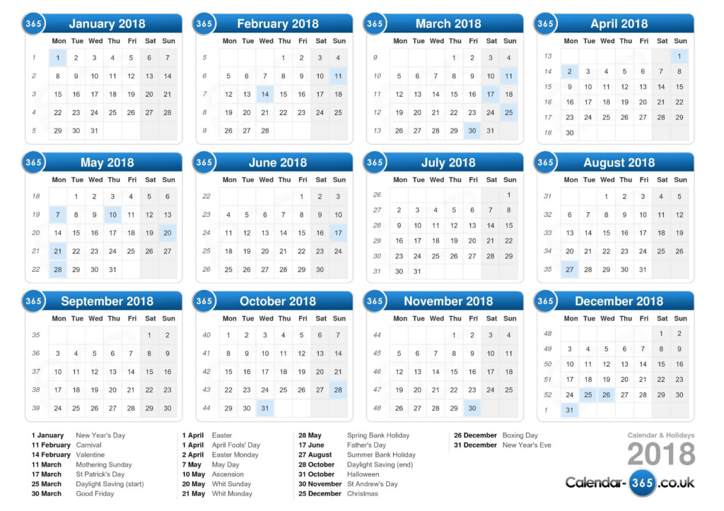 Calendar 2018 - Printable 2018 Calendar With Week Numbers Uk