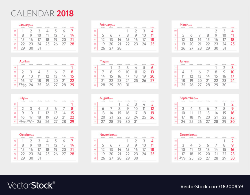 Calendar 2018 With Weeks Template Starts Monday Vector Image - Calendar With Week Numbers 2018 Start Monday