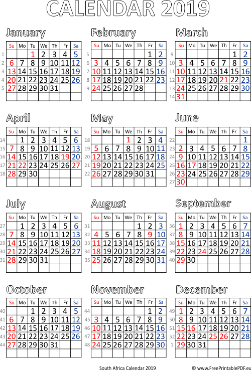 Calendar 2019 South Africa Free Printable PDF - 2019 Calendar With Week Numbers South Africa