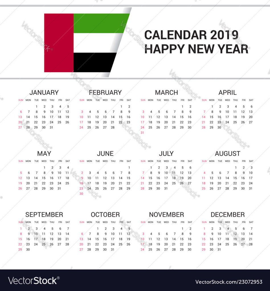 Calendar 2019 Uae Flag Background English Language - Uae Calendar 2019 With Week Numbers