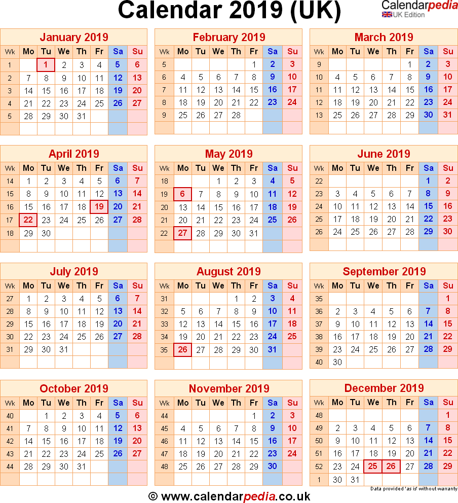 Calendar 2019 UK With Bank Holidays Excel PDF Word Templates - Calendar 2019 With Week Numbers Uk